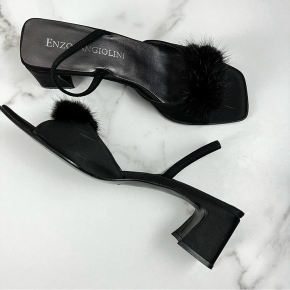 Vintage Enzo Angiolini Fuzzy Pom Pom Black Chunky Slingback Heels Size 8 - Picture 3 of 9